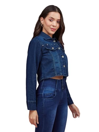 Miss Chase WomenS Solid Polo Neck Full Sleeves Buttoned Denim Cropped Jacket (Mcaw24Den94-33-71-06, Navy Blue, Xl)