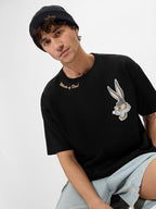The Souled Store Bugs Bunny: WhatS Up Doc Men And Boys Short Sleeves Round Neck Black Graphic Printed Cotton Oversized T-Shirts