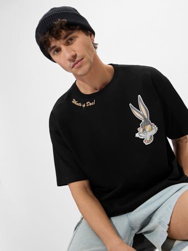 The Souled Store Bugs Bunny: WhatS Up Doc Men And Boys Short Sleeves Round Neck Black Graphic Printed Cotton Oversized T-Shirts