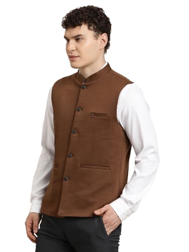 Turtle Men Brown Knitted Solid Party Nehru Jacket
