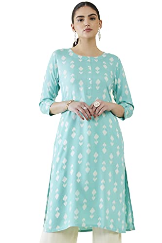 Soch Women Turquoise Blue Rayon Printed Kurta(Turquoise Blue_Xl)