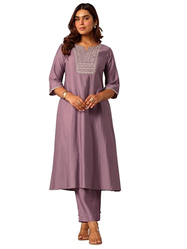 Libas Womens Embroidered Silk Blend A-Line Kurta With Trousers