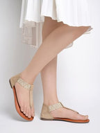 Shoetopia WomenS Ethnic Style T-Strap Sandals Cream Chevron Ankle Strap Flats For Casual & Festive Comfortable & Stylish Party