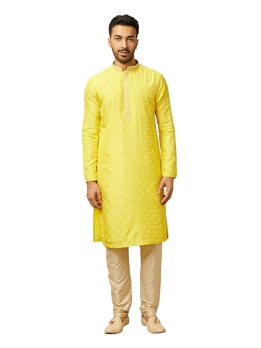 Manyavar MenS Yellow Embroidered Sequinned Kurta Pyjama Set (Yellow,Xxl)