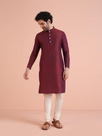 Kisah MenS Maroon Indo-Western Kurta Sherwani Churidar Set Cotton Full Sleaves, Knee Length, Straight, Regular Fit, Mandarin Co