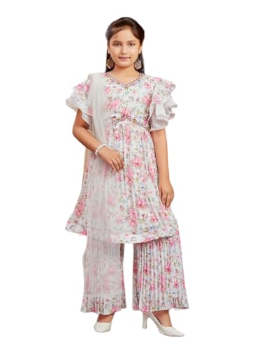Aarika Girls Ethnic Wear Pink Colour Floral Print Beads Embroidery Georgette Kurti Sharara Set (6-13 Years)