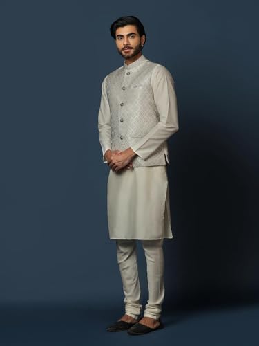 Kisah MenS Silver And Cream Kurta Jacket Churidar Set Cotton Blend, Woven Design, Full Sleeves, Straight, Regular Fit, Mandarin