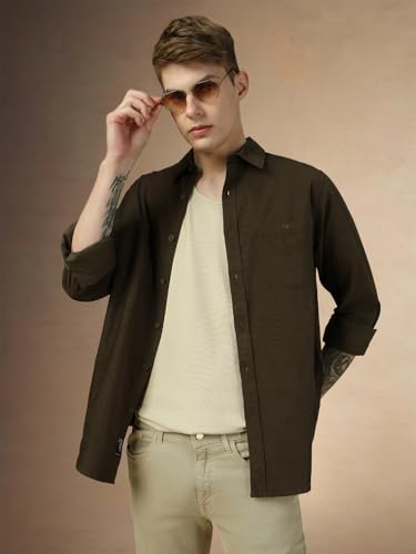 Dennis Lingo Men Olive Solid Relaxed Fit Full Sleeve Spread Collar Shirts