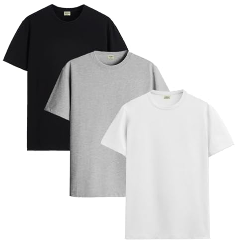 ADRO Men's Solid Regular Fit T-Shirt (RCM3-PLN-BL-WH-GR_Black,White,Grey