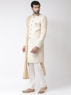 Kisah MenS Indo-Western Sherwani Churidar With Dupatta Set, Cream Brocade Woven Design Regular Fit Mandarin Collar Full Sleeves