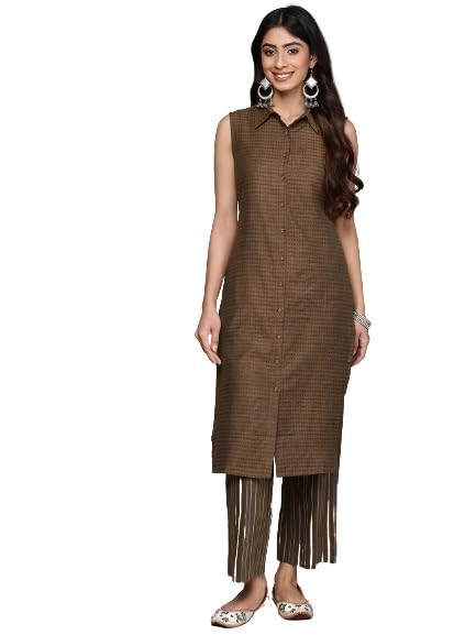 Anubhutee Women'S Cotton Blend Printed Brown Straight Kurta Suit Set With Pants