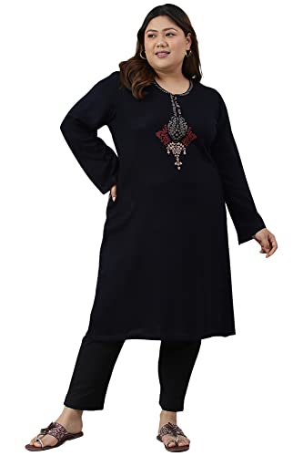 W For Woman Blue Embroidered Plus Size Winter Kurta_22Now18423G-217479_5Xl