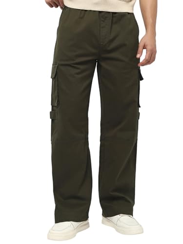 Bewakoof MenS Solid Straight Fit Cotton Lycra Blend Cargo Pant_664128_Green_32