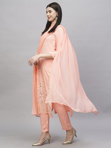 ANNI DESIGNER Womens Cotton Blend Straight Printed Kurta with Pant & Dupatta (Mavis Peach_S_Peach_Small)