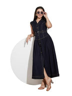 Miss Chase Womens Notched-Collar Sleeveless Waist Maxi-Length Light Weight Denim Shirt Dress (Mcss25Den04-65-57-06, Dark Blue, X