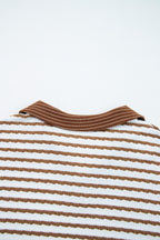 Khaki Stripe Plus Size Collared V Neck Loose Pullover Drawstring Elastic Waist Wide Leg Pant Set