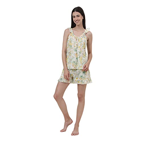 Fabindia Yellow Cotton Printed Frilly Collar Set (S)