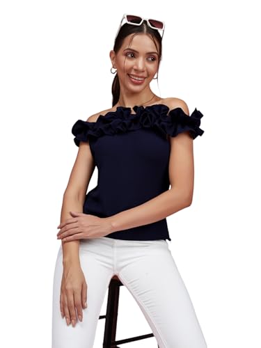 Miss Chase WomenS Off Shoulder Sleeveless Solid Ruffled Frilled Bardot Top (Mcaw24Tp99-73-71-04, Navy Blue, M)