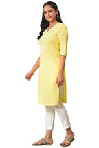 Aurelia Womens Cotton Regular Yellow Floral Printed V-Neck Kurta (23FEA13899-506697