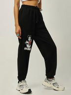 Bewakoof Women Oversized Graphic Print Black Terry Joggers
