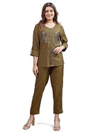 Womanista Women'S Silk Blend Solid Regular Sequinns Co-Ord Set 9104_Olive