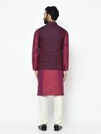 Kisah Men Maroon Off-White Solid Kurta Churidar With Nehru Jacket, Full Sleaves, Knee Length, Straight, Regular Fit, Mandarin Co