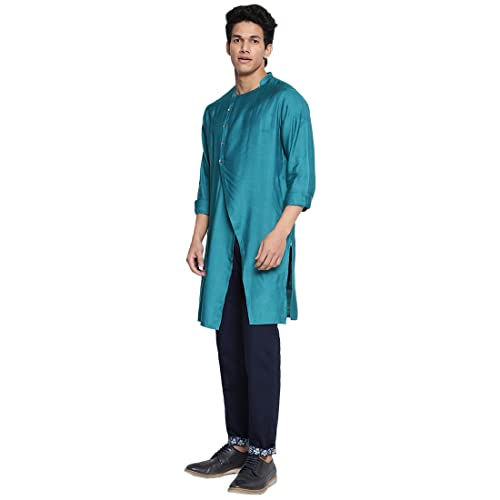 Fabindia MenS Viscose Silk Solids Slim Kurta (102587601_Teal