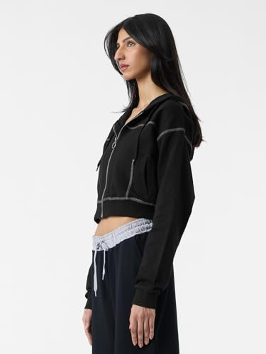 The Souled Store Black Oyster Women and Girls Long Sleeves Hooded Neck Zipper Front Cotton Cropped Oversized Hoodies