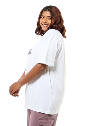 Bewakoof Official Peanuts Merchandise Snoopy Womens Graphic Printed Oversized Fit Half Sleeve Round Neck Cotton Jersey Plus Siz