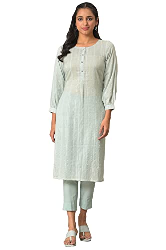 Aurelia Women'S Cotton Solid Regular Aqua Green Leno Stripe Kurta (23Fea13943-605313