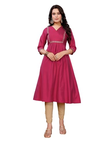 Rangita Red Viscose Poly Flared Embroidered Calf Length Kurti | Kurta For Women_L
