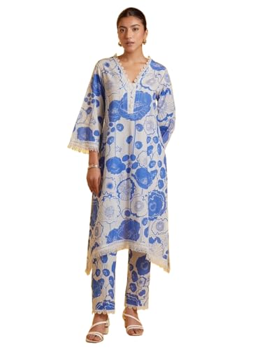LookMark Womens Printed Cotton Blend Straight Kurta Pant Set with Lace - Comfortable Ethnic Wear for Women, Elegant Design, Sui