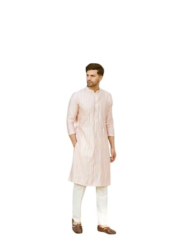 See Designs Men Full Sleeve Pink And Gold Chanderi Silk Sequins Mandarin Collar Side Slit Kurta - Sd2Kt_2421Xl