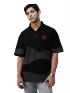 The Souled Store Spider-Man: Miles Morales Men and Boys Short Sleeves Collared Neck Button Front Black Embroidered Cotton Oversi