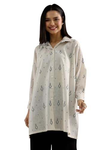 Libas Womens Woven Design Cotton Blend Straight Kurti For Women Off White
