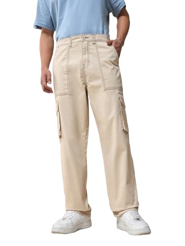 Bewakoof MenS Solid Oversized Fit Cotton Blend Cargo Pants_609843_Beige_34