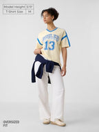 The Souled Store Varsity Women and Girls Short Sleeves V Neck Off White Graphic Printed Cotton Oversized T-Shirts