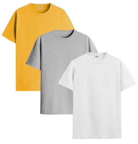 ADRO Men's Solid Regular Fit T-Shirt (RCM3-PLN-MU-WH-GR_Mustard,White,Grey
