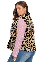 Khaki Leopard Sherpa Button Front Collared Plus Size Vest Jacket