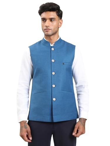 Turtle Men Pure Cotton Self Design Slim Fit Blue Nehru Jacket