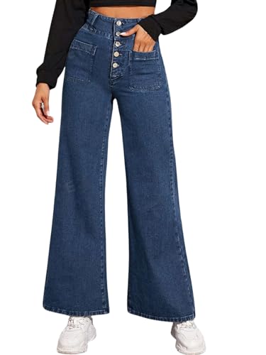 GRECIILOOKS Regular Fit Pant Baggy High Waist | Bell Bottom Jeans for Women (GL-DJ-19_Blue 01_32)