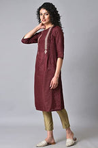 W For Woman Maroon Gold Glitter Printed Kurta