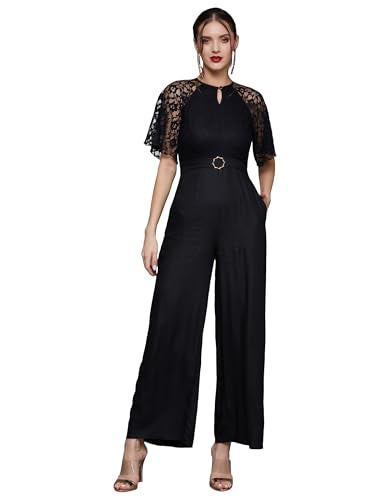 Miss Chase WomenS Black Round Neck Flared Sleeve Floral Raglan Regular Jumpsuit (Mcss25D93-85-330-03, Ebony Black, S)
