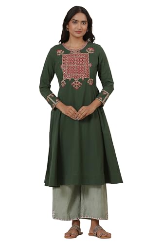W For Woman Folksong Green Festive Solid Cotton Flared Kurta_24Maf11861-920935_L