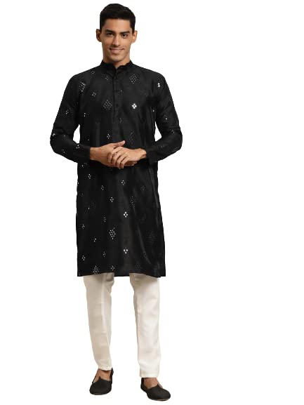 SOJANYA (Since 1958 Mens Silk Blend Black Mirror Work ONLY Long Kurta