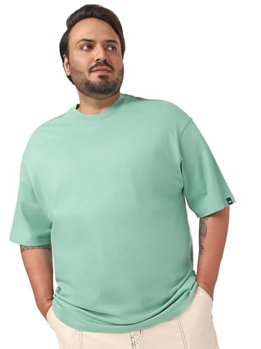 Bewakoof Mens Solid Oversized Fit Half Sleeve Round Neck Cotton Jersey Plus Size T-Shirt_646813_Green_4XL