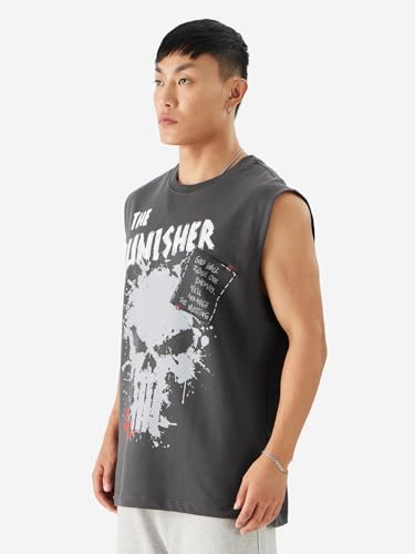 The Souled Store Official Punisher: Graffiti Men And Boys Round Neck Sleeveless Grey Graphic Printed Regular Fit Cotton Vests