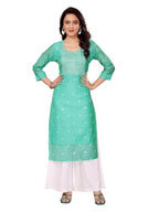 Rangita Sea Green Viscose Blend Straightembroidered Calf Length Kurti | Kurta For Women_L