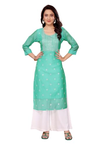 Rangita Sea Green Viscose Blend Straightembroidered Calf Length Kurti | Kurta For Women_L