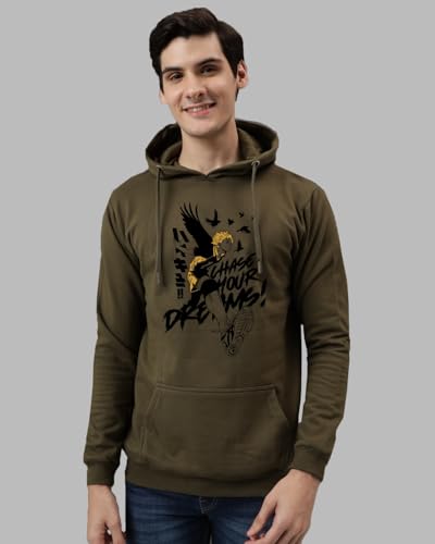 ADRO Men's Cotton Neck Hooded Sweatshirt (H24-M-DREAM-OL_Olive